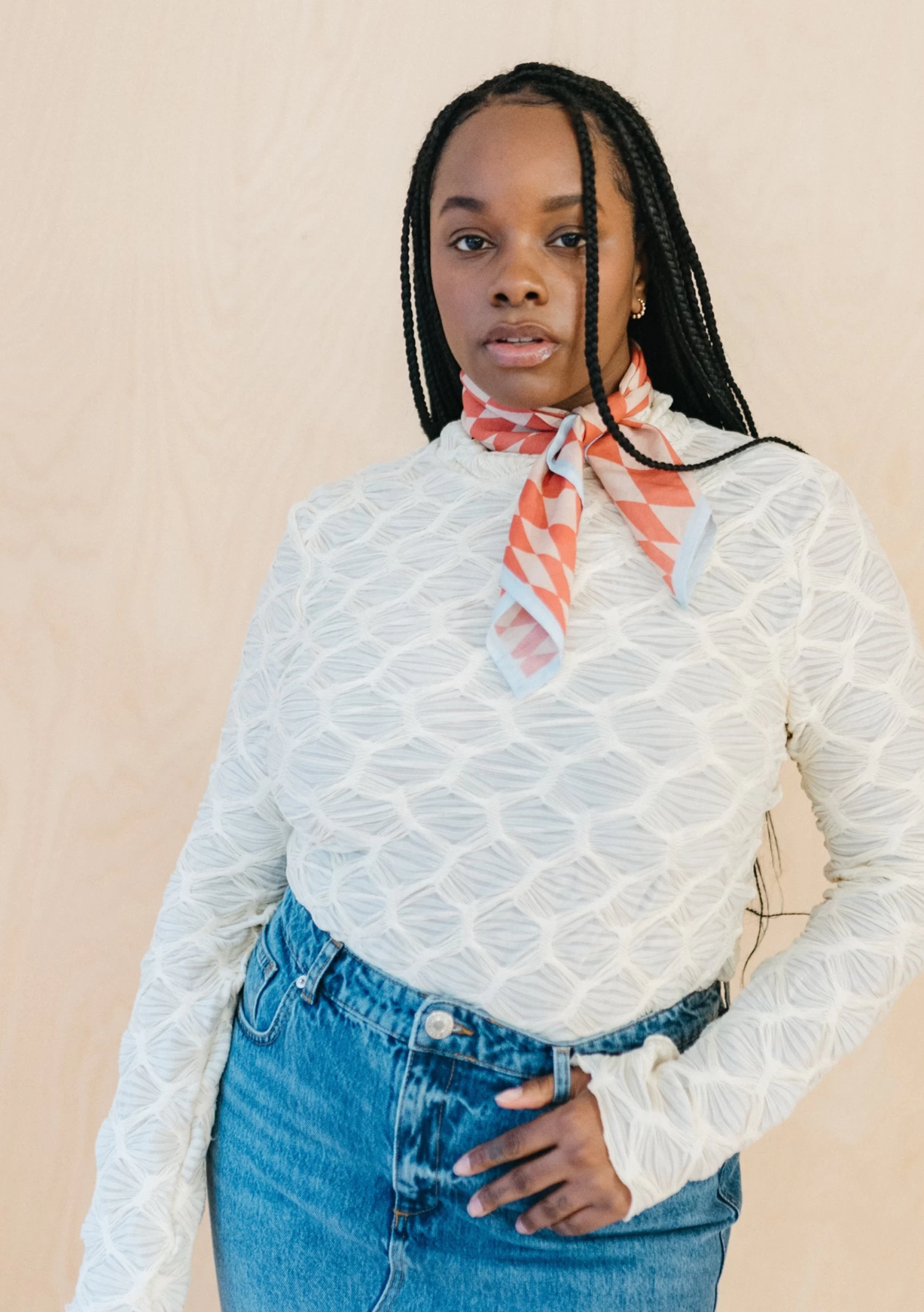 Cotton Square Scarf In Apricot Checkerboard 1 Cotton Square Scarf In Apricot Checkerboard