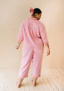 Cotton & Linen Pyjamas In Pink -Cozy Scarves Shop PJCRSQPK12 Cotton LinenPyjamas PinkEmbroideredSet 2