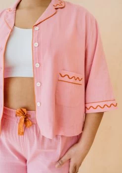 Cotton & Linen Pyjamas In Pink -Cozy Scarves Shop PJCRSQPK12 Cotton LinenPyjamas PinkEmbroideredSet 4