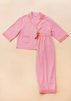 Cotton & Linen Pyjamas In Pink -Cozy Scarves Shop PJCRSQPK12 Cotton LinenPyjamas PinkEmbroideredSet 6