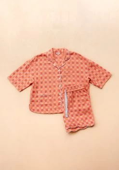 Cotton Pyjamas In Apricot Checkerboard -Cozy Scarves Shop PJSHCBAP12 CottonPyjamas ApricotCheckerboardSet 6