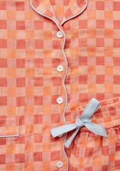 Cotton Pyjamas In Apricot Checkerboard -Cozy Scarves Shop PJSHCBAP12 CottonPyjamas ApricotCheckerboardSet 7