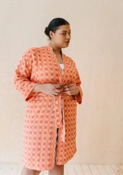 Cotton Robe In Apricot Checkerboard