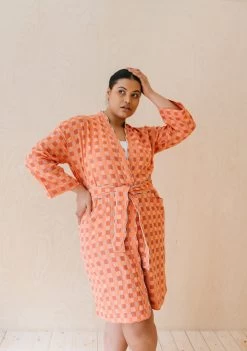 Cotton Robe In Apricot Checkerboard -Cozy Scarves Shop RBMLCBAP12 CottonRobe ApricotCheckerboard 3