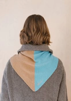 Merino Triangle Scarf In Camel And Blue -Cozy Scarves Shop TSAMRCMBL11 MerinoTriangleScarfCamel Blue 3