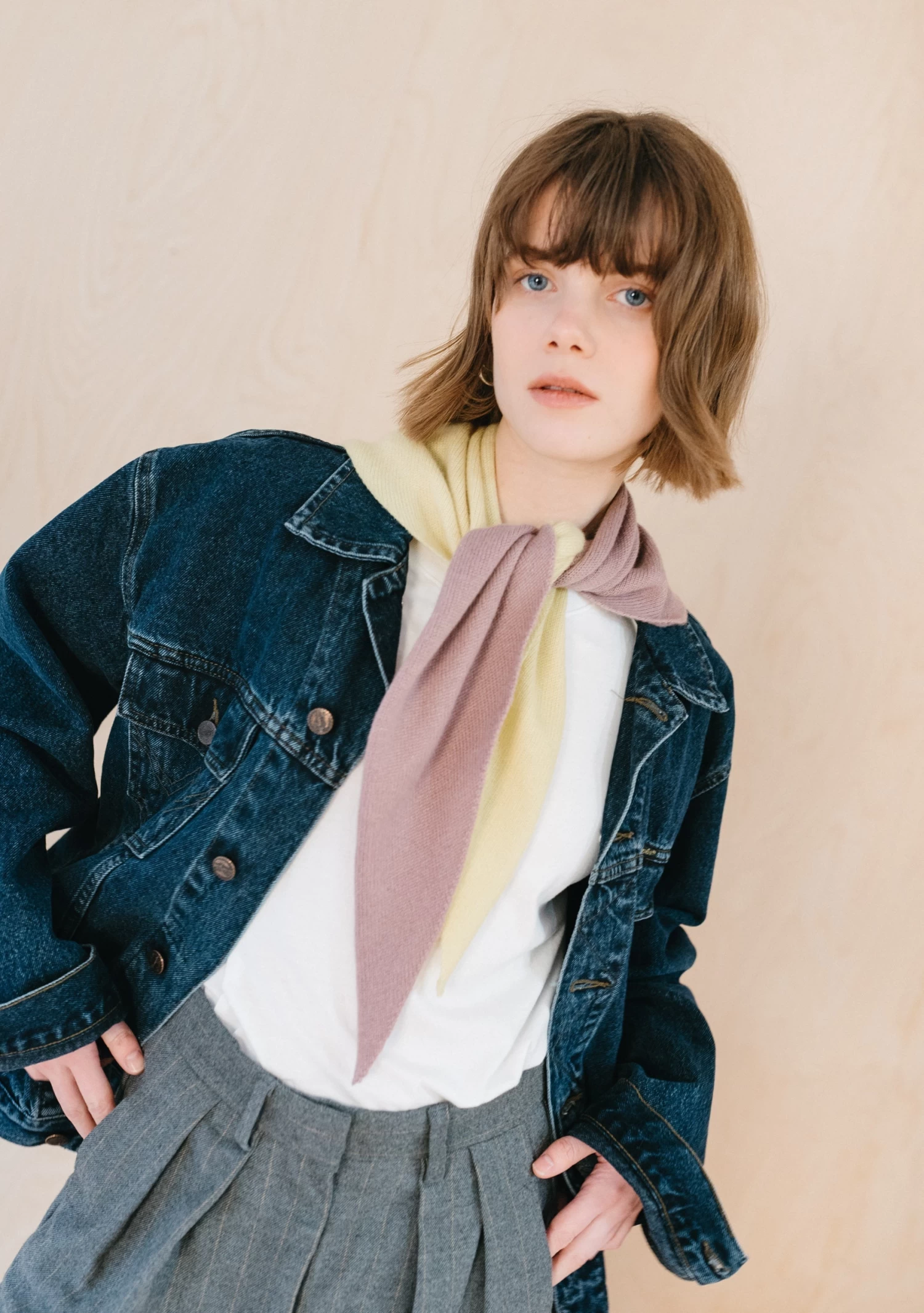 Merino Triangle Scarf In Lilac And Yellow 3 Merino Triangle Scarf In Lilac And Yellow - Image 3